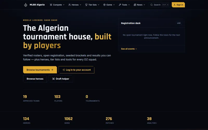 MLBB Algeria homepage: 'The Algerian tournament house, built by players' with team and player counts.