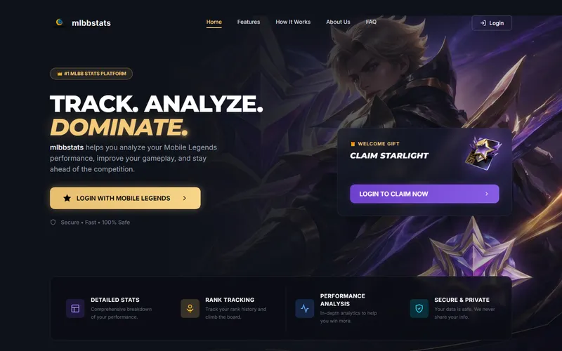 mlbbstats homepage: 'Track. Analyze. Dominate.' over Mobile Legends hero artwork.